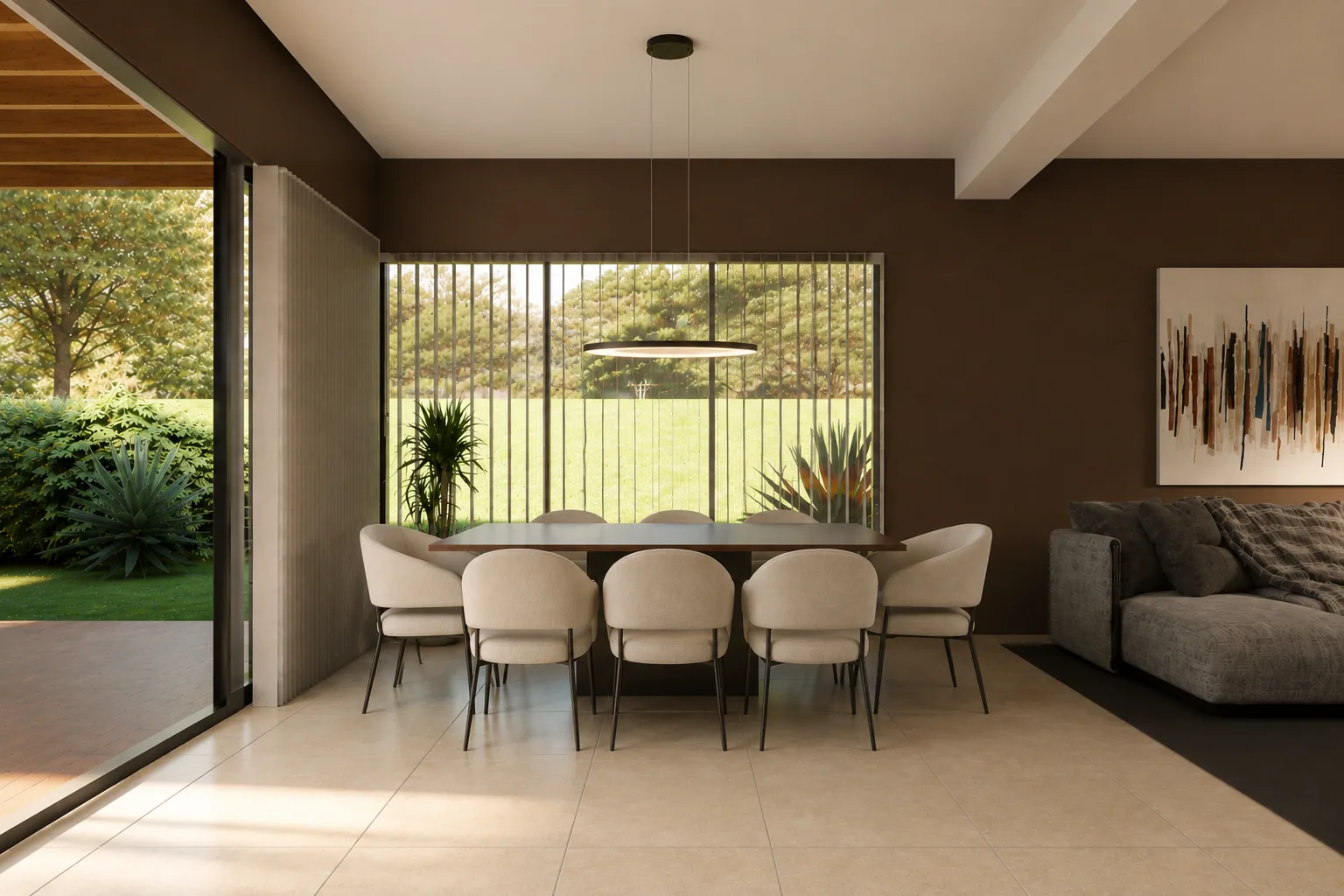 Comedor con ventanal al jardín y carpintería en madera