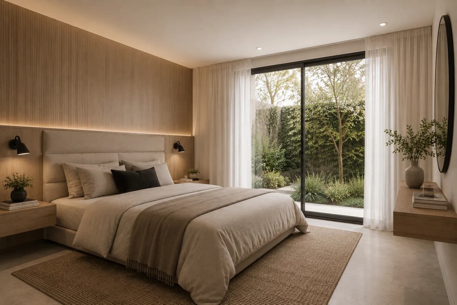 Dormitorio principal con revestimiento de madera y salida al jardín