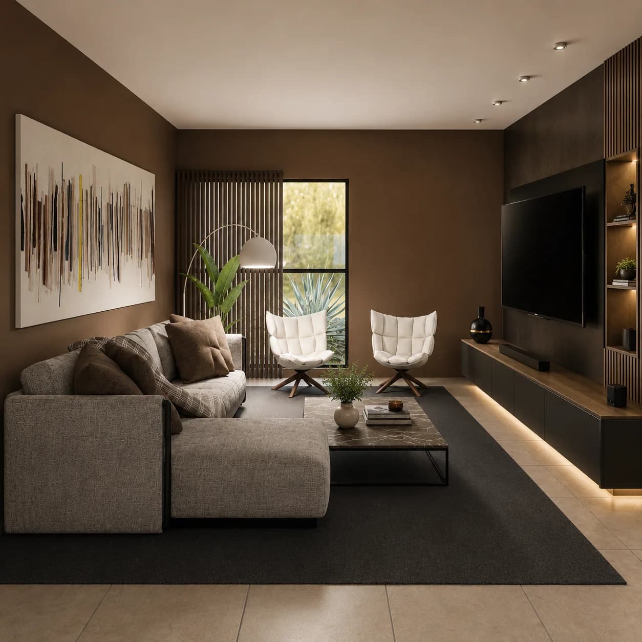 Estar con mueble de TV y listones de madera